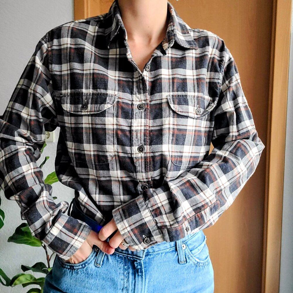 Banana Republic Luxe Flannel Gray/Brown/Cream Plaid Button Down Shirt - Small